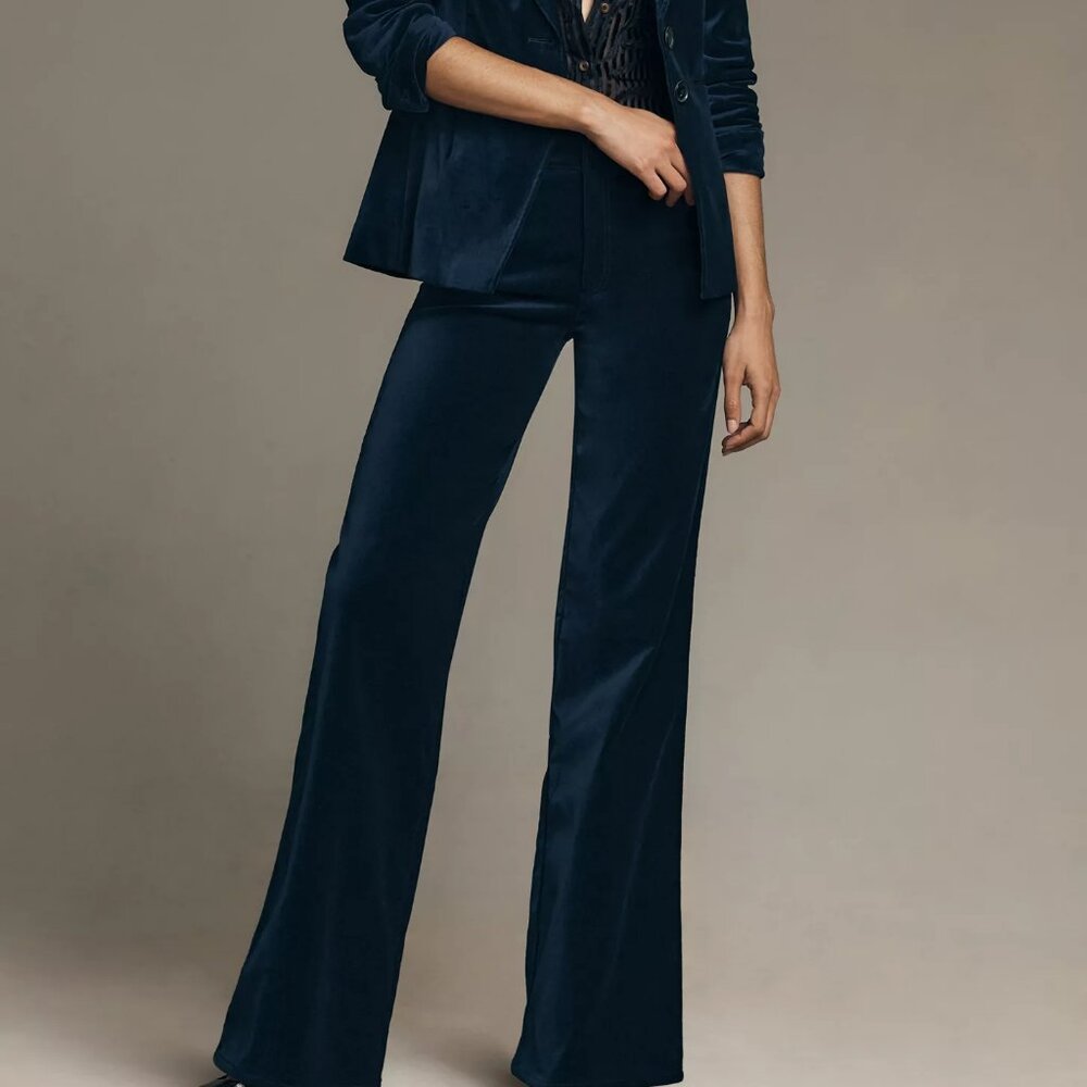 PAIGE Leenah Velvet High-Rise Wide-Leg Trousers - Deep Navy / Size 31